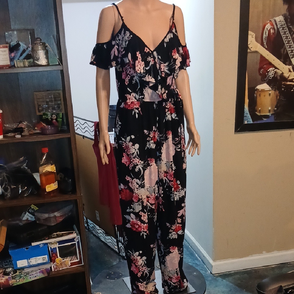 Xhilaration Black and Pink Floral Jumpsuit